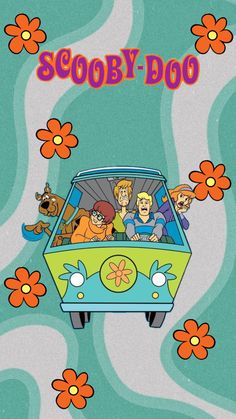 scooby doo on the back of a van with people in it and flowers