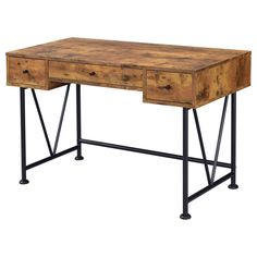 a wooden desk with metal legs and drawers