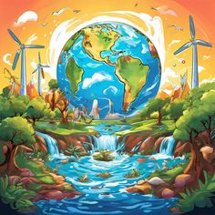 the earth is surrounded by windmills and trees, with water running down it's sides