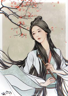 a woman with long black hair holding an umbrella in front of a cherry blossom tree