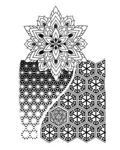 a black and white drawing of an intricate flower on a piece of paper with geometric shapes