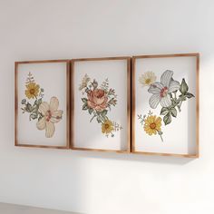 three framed floral prints hanging on the wall