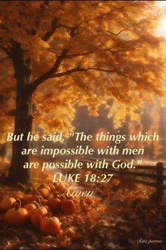 an autumn scene with pumpkins and the words, but he said, the things which are impossibleble with men are possible with god luke