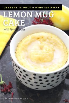 In the mood for dessert? Right away! Just whip up this sweet & slightly tart lemon mug cake complete with lemon glaze. The recipe takes only 4 minutes start to finish & all in one mug! #mugcake #easydessert #lemoncake #lemonglaze 5 Minute Cake, Small Deserts, Flourless Mug Cake, Microwave Cakes, Microwave Cake Recipe, Cake In A Cup, Microwave Hacks