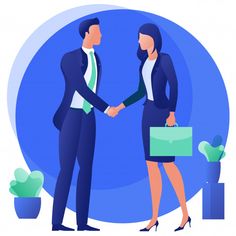 two business people shaking hands in front of a blue circle with cacti and succulents