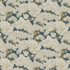 a wallpaper with white flowers and trees on it's sides in blue, beige and gold colors