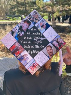 Grad cap with quote from Legally Blonde "I'm standing here today 'cause you helped me on my way." Decorated with pictures of friends and family that helped the grad finish their degree. Graduation Cap Designs Dedicated To Family, Graduation Cap I Did It For Them, Graduation Cap Ideas Family, Cap Decoration Graduation Pictures, Graduation Cap Designs Family Pictures, Grad Cap Ideas Family, Cap Decoration Graduation Family, Graduation Cap Designs Friend Group