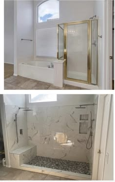 two pictures of a bathroom with white walls and marble flooring, one showing the tub and shower