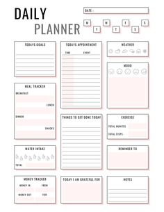 the daily planner printable is shown in pink and black, with notes on it