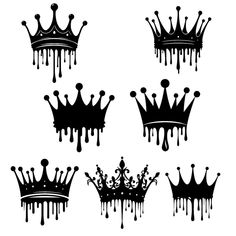 six black crowns with dripping paint on them