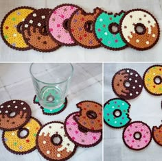 four different pictures of doughnuts with sprinkles and holes in them