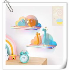 there are two shelves that have animals on them and a clock in the middle one