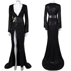 a black dress with sequins on it and a white mannequin standing next to it