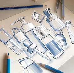 a pencil drawing of different types of kitchen appliances on a sheet of paper next to some colored pencils