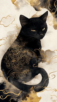 a black cat sitting on top of a white and gold background with swirls around it