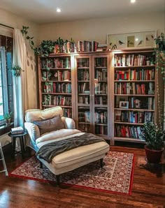 a living room filled with lots of books and furniture