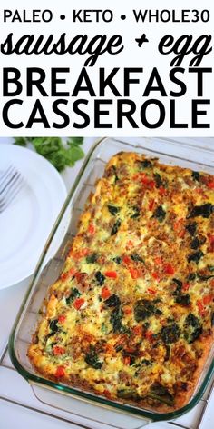 an egg breakfast casserole in a glass baking dish on a table with plates and utensils