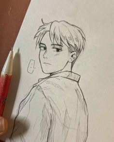 a pencil drawing of a boy with short hair wearing a jacket and holding a pen