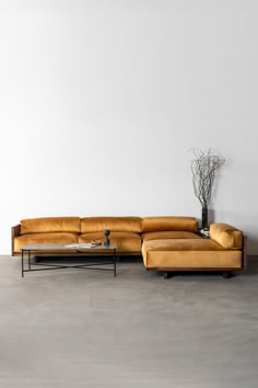 a living room with a couch, coffee table and vase on the floor in front of a white wall