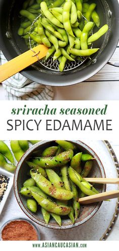 green beans are being cooked in a skillet with spices and seasoning on the side