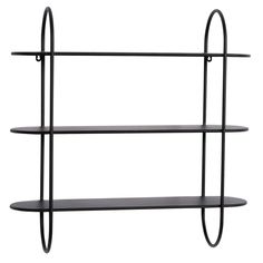 the shelf is black and has two shelves on each side, one with an oval handle