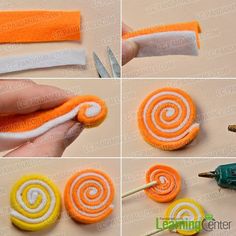 step by step instructions to make an orange and white pinwheel hair clip with felt