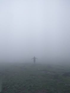 a person standing in the middle of a field on a foggy day