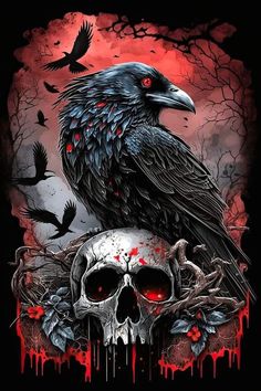 a crow sitting on top of a skull with red eyes and blood dripping down the side