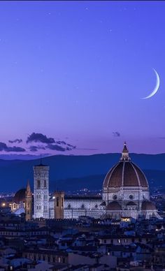 the moon shines brightly in the sky over a cityscape and domed buildings