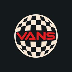 the vans logo on a black and white checkerboard ball with red letters in it