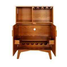 a wooden cabinet with two drawers and one door open to show the bottom section of it