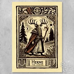 a card with an image of a man holding a staff in front of some trees