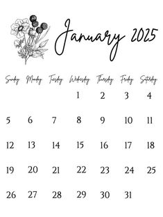 a calendar with the word january written in black ink on white paper, next to a flower