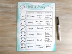 a roll - a - story game is shown with a pen on the table next to it