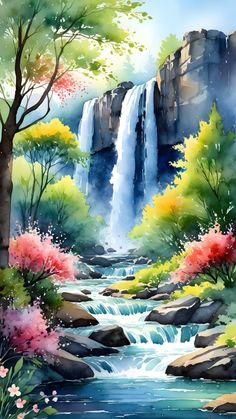 a painting of a waterfall with trees and flowers in the foreground, surrounded by rocks