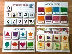 four matching cards with numbers and fruits for each child's learning activity, including match the colors