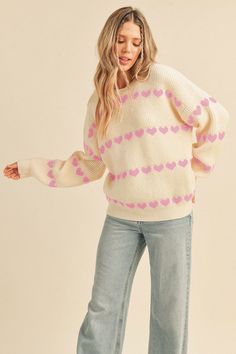 Pink Heart Sweater, 2025 Wishlist, Pink Oversized Sweater, Drip Fits, Fall Wedding Guest Dress, Fall Denim, Baby Shower Dresses, Heart Sweater, Knit Sweaters