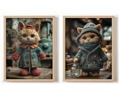 two pictures of cats in coats and boots, one is wearing a hat the other has a coat