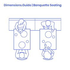 three people sitting at a table with the text dimensionss guide banquet seating on it