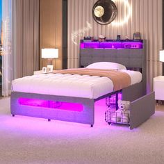 a bedroom with a bed, night stand and purple lights on the wall above it