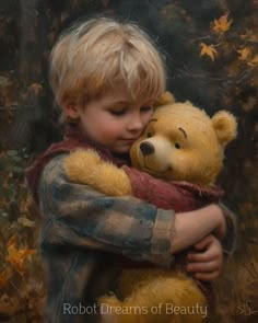 a painting of a boy hugging a teddy bear