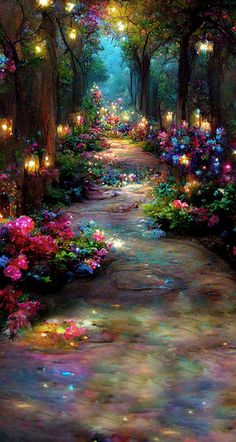 a painting of a pathway with flowers and lights in the trees on either side of it