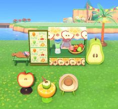 an animal crossing game with fruits and vegetables