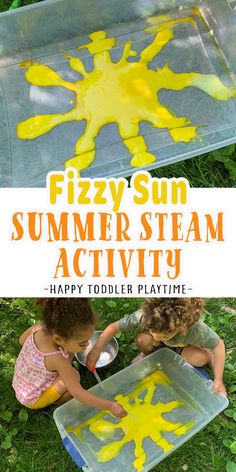 two children are playing in the grass with yellow paint on them and text that reads fizzy sun summer steam activity happy toddler playtime