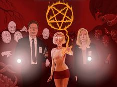 a group of people standing next to each other in front of a red background with an inverted pentagram