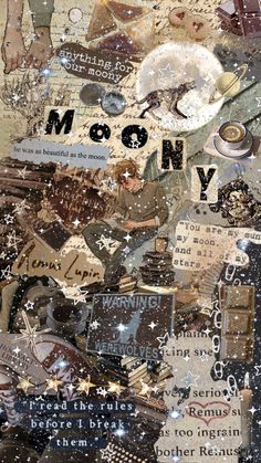 a collage of different types of items and words with the word moony written on them