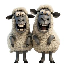 two cartoon sheep standing next to each other with their mouths open and eyes wide open