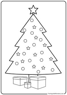 a christmas tree with presents under it and stars on the top, in black and white