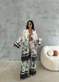 Unique women's  Tropical Jungle Kimono Bamboo  Floral Print Safari set silk effect. Very classy and chic Tropical Loungewear Sets For Spring, Spring Tropical Loungewear Sets, Chic Silk Loungewear Sets, Summer Vacation Satin Sets, Chic Summer Satin Sets, Elegant Beach Sets For Spring, Chic Satin Summer Sets, Casual Satin Sets, Elegant Beachwear Sets For Summer