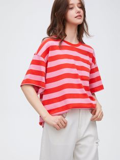 Details: Red and pink colour-blocking striped T-shirtLoose oversize fitSmall chest pocket designStrawberry embroidered label on the back Materials & Care: Cotton 100% Hand wash | Dry clean Do not bleach Size & Fit: Model is 5'7", Bust 32, Waist 24, Hips 35, wearing a size S Item #: SN1TE98 Striped Tshirt Outfits, Casual Home Outfits, Chic Business Casual, Denim Jean Dress, Color Block Tee, Bright Stripes, Stripe Tee, Colour Blocking, Striped Jersey